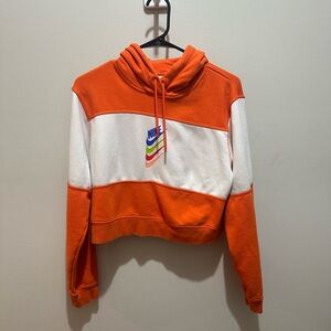Nike Women's Vibrant Orange and White Cropped Hoodie S